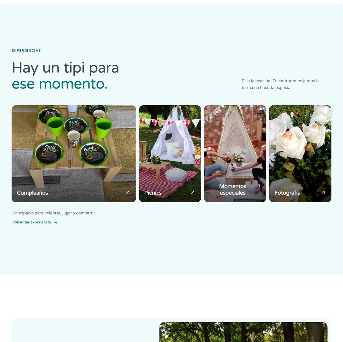 Sección de experiencias disponibles en Tipi Town